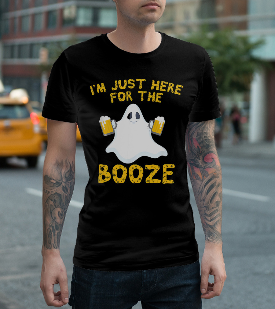 I'm Just Here For The Booze Ghost Holding Beer Mugs T-Shirt