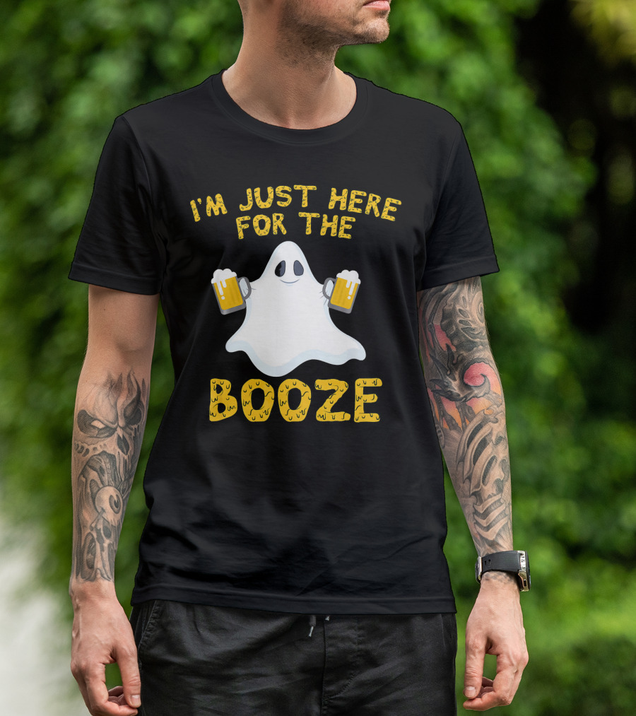 I'm Just Here For The Booze Ghost Holding Beer Mugs T-Shirt