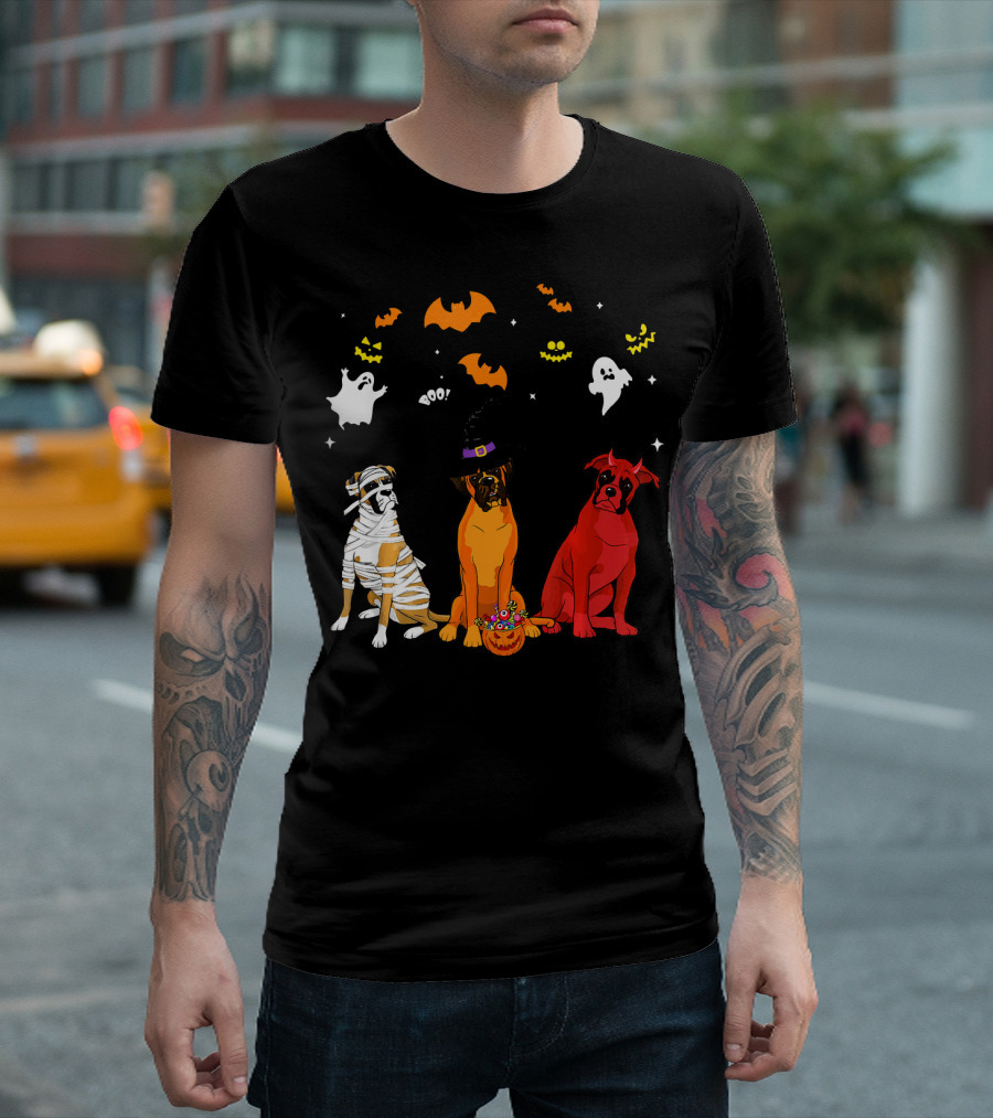 Halloween Boxer Dogs Mummy Witch Ghosts Bats T-Shirt