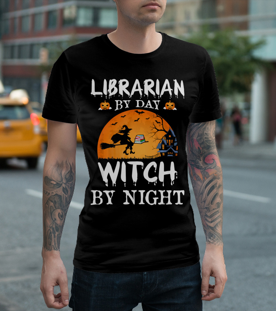 Librarian by Day Witch by Night Halloween Broomstick Silhouette with Books and Haunted House T-Shirt