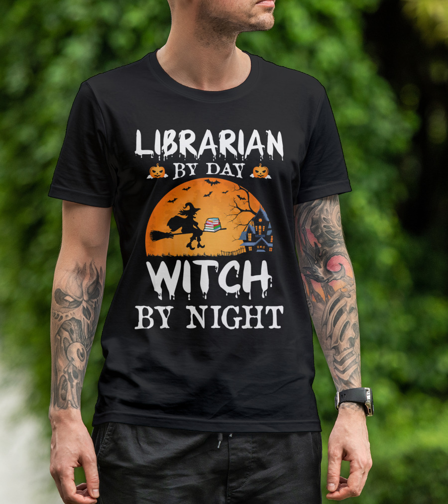 Librarian By Day Witch By Night Halloween Broomstick Silhouette With Books And Haunted House T-Shirt