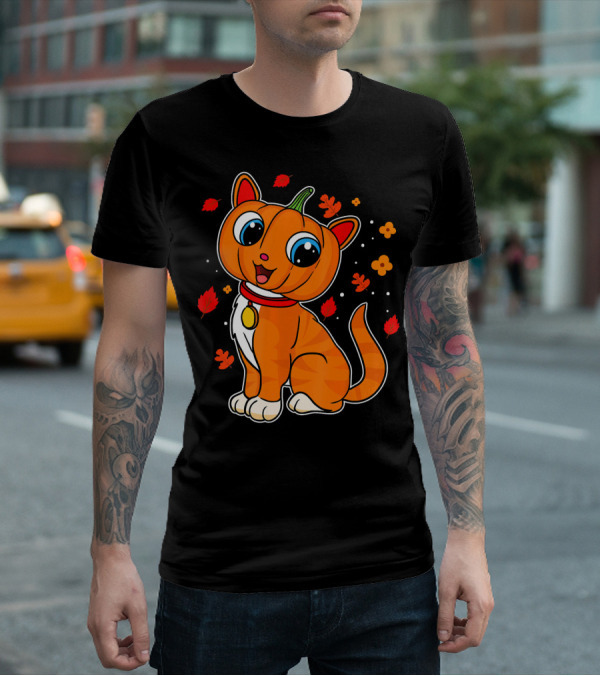 Halloween Pumpkin Cat With Autumn Leaves And Flowers T-Shirt