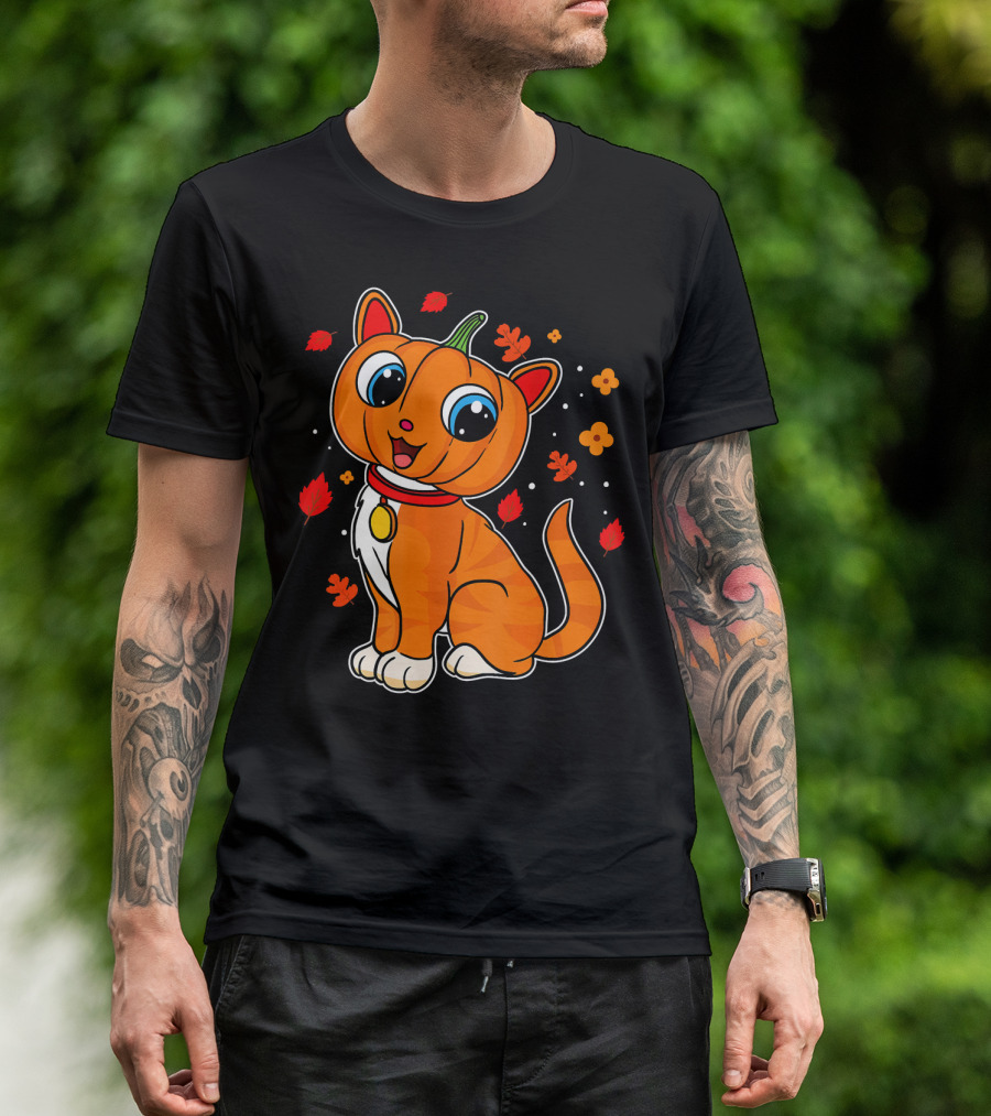 Halloween Pumpkin Cat With Autumn Leaves And Flowers T-Shirt