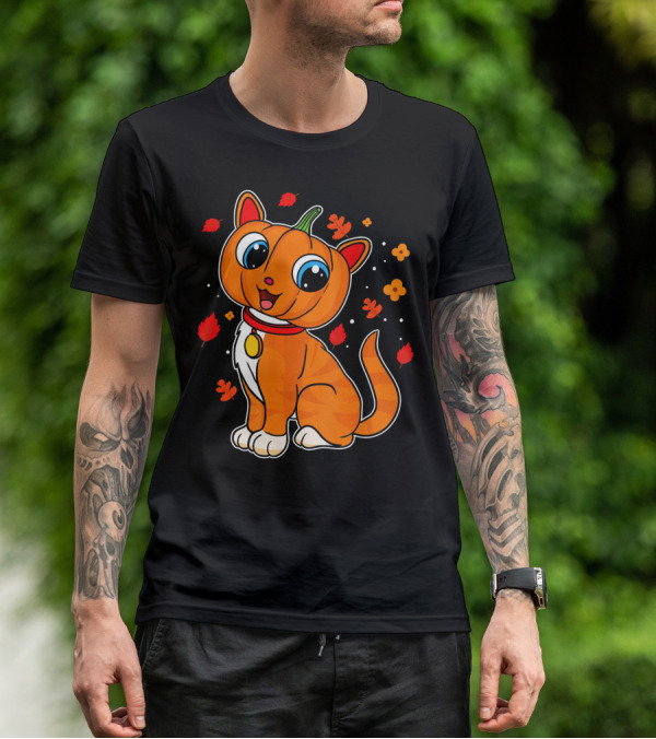 Halloween Pumpkin Cat With Autumn Leaves And Flowers T-Shirt