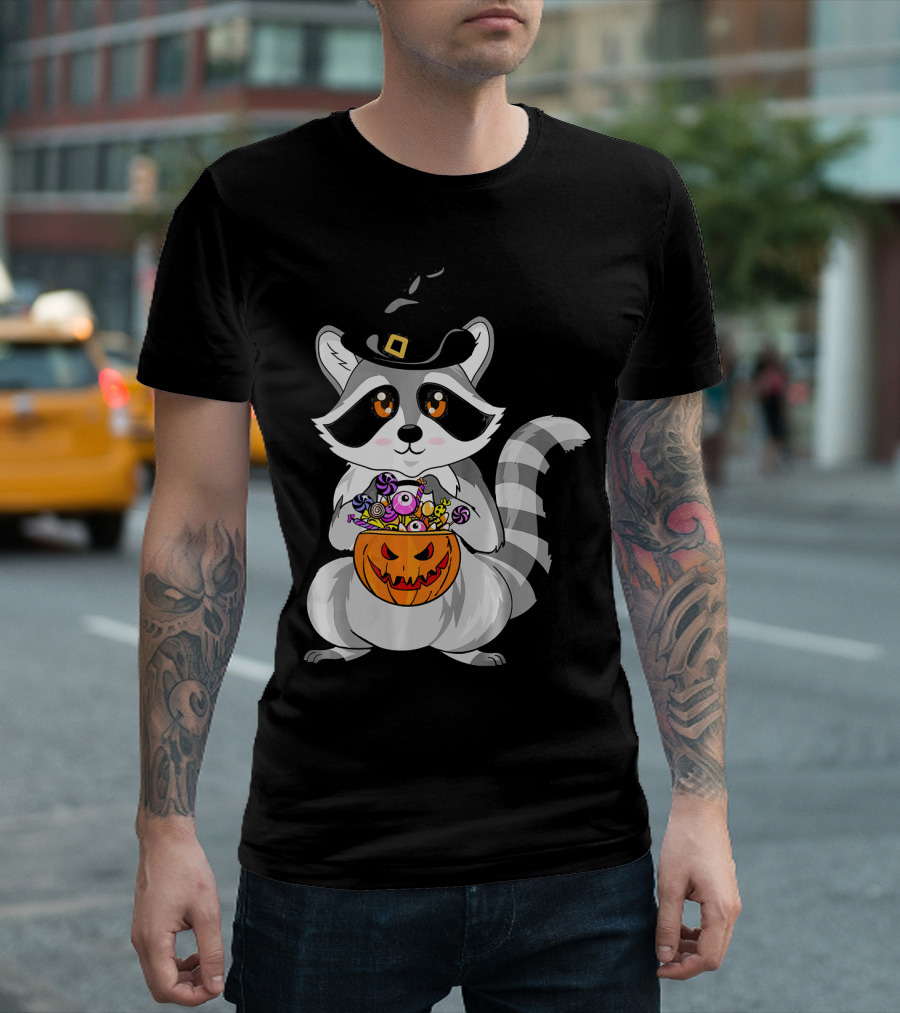 Halloween Raccoon Witch Hat Pumpkin Candy T-Shirt
