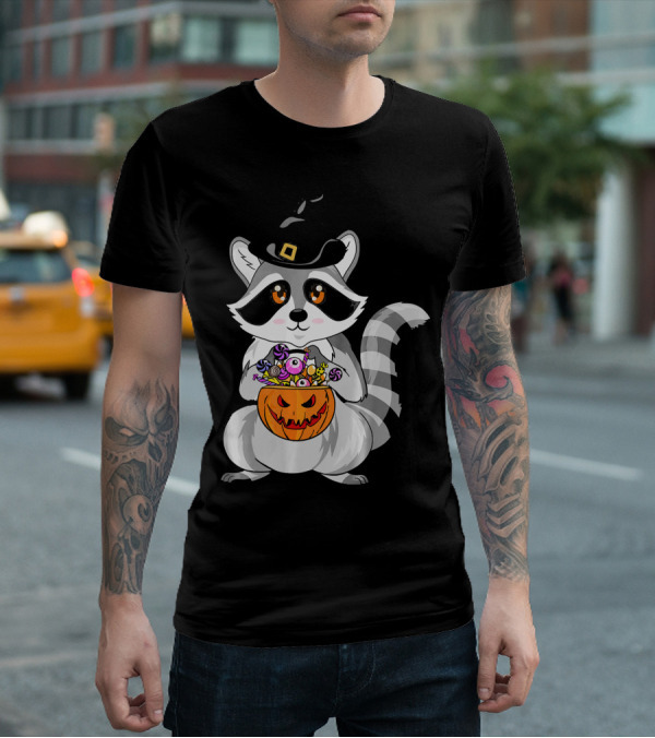 Halloween Raccoon Witch Hat Pumpkin Candy T-Shirt