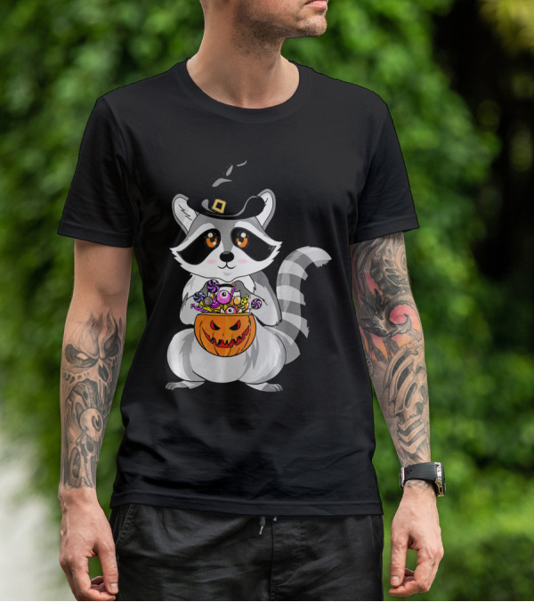 Halloween Raccoon Witch Hat Pumpkin Candy T-Shirt