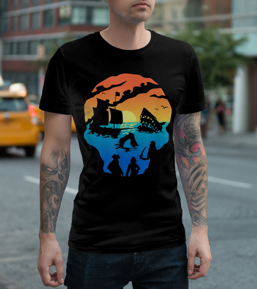 Mens Skeleton Skull Pirate Ship Sunset T-Shirt