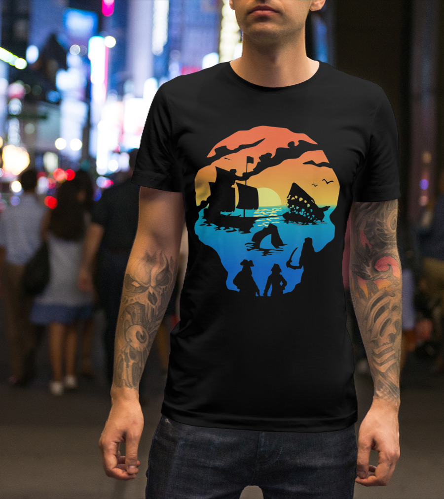 Mens Skeleton Skull Pirate Ship Sunset T-Shirt