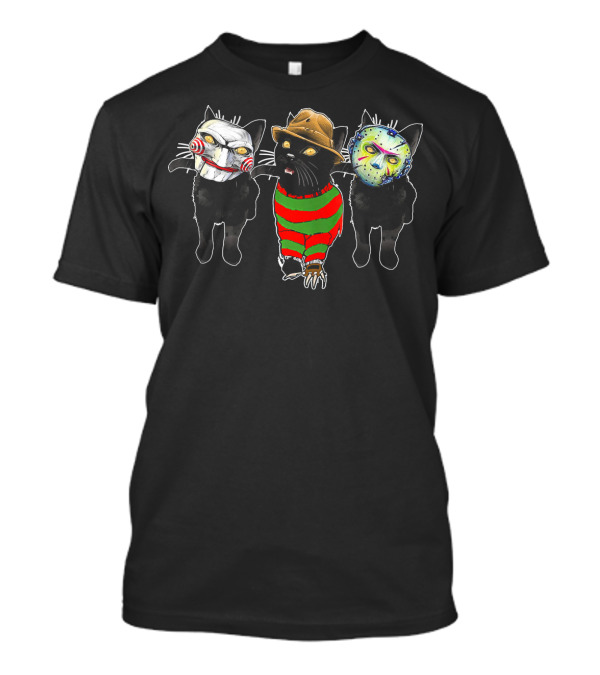 Funny Horror Movie Cats With Iconic Characters Masked Faces T-Shirt