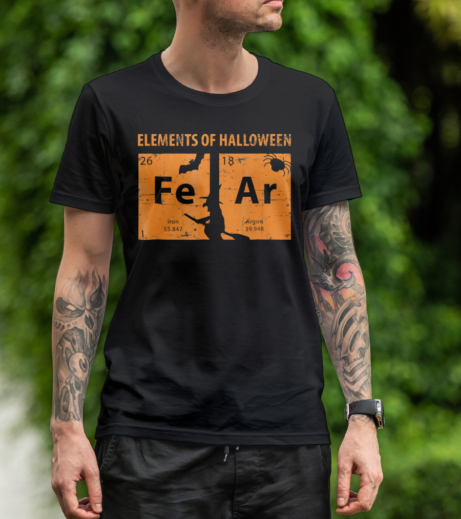 Elements Of Halloween Periodic Table Fe Ar 26 18 Iron Argon Witch Bat Spider T-Shirt