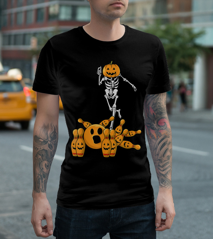 Bones Skeleton Pumpkin Head Halloween Bowling Pin Strike T-Shirt