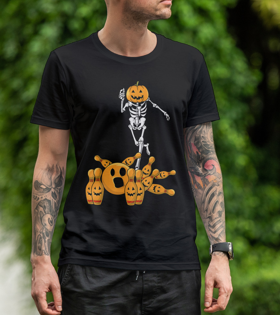 Bones Skeleton Pumpkin Head Halloween Bowling Pin Strike T-Shirt