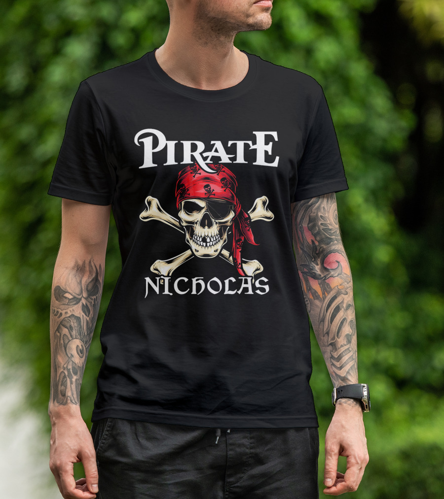 PIRATE NICHOLAS Skull And Crossbones Red Bandana T-Shirt