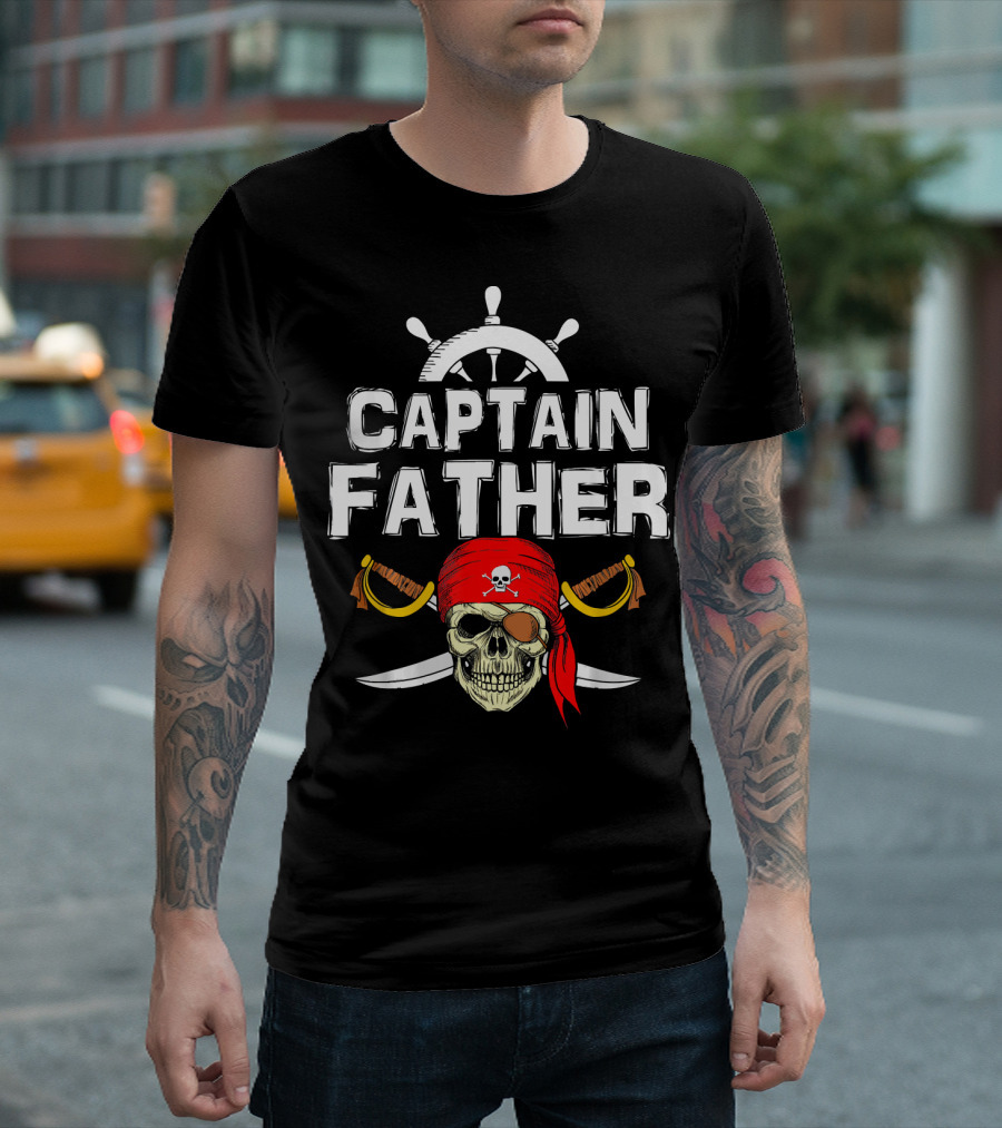 Captain Father Pirate Skull with Swords and Ship Wheel T-Shirt