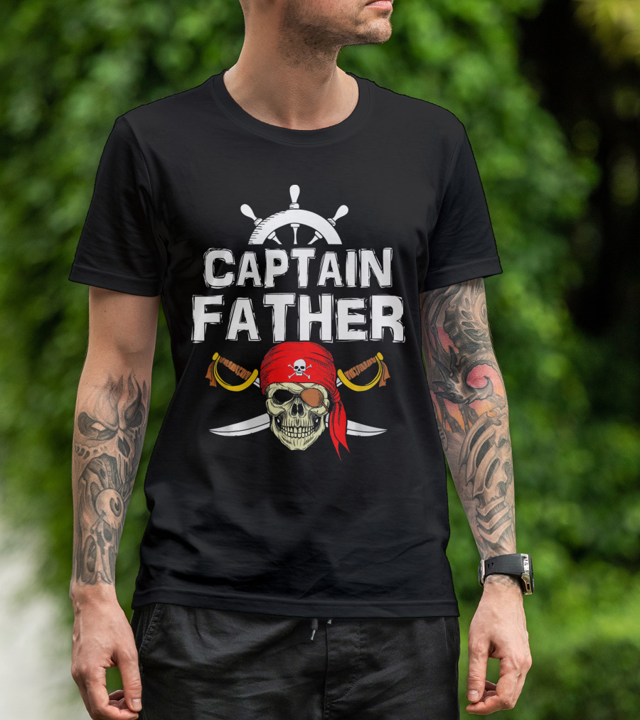 Captain Father Pirate Skull With Swords And Ship Wheel T-Shirt