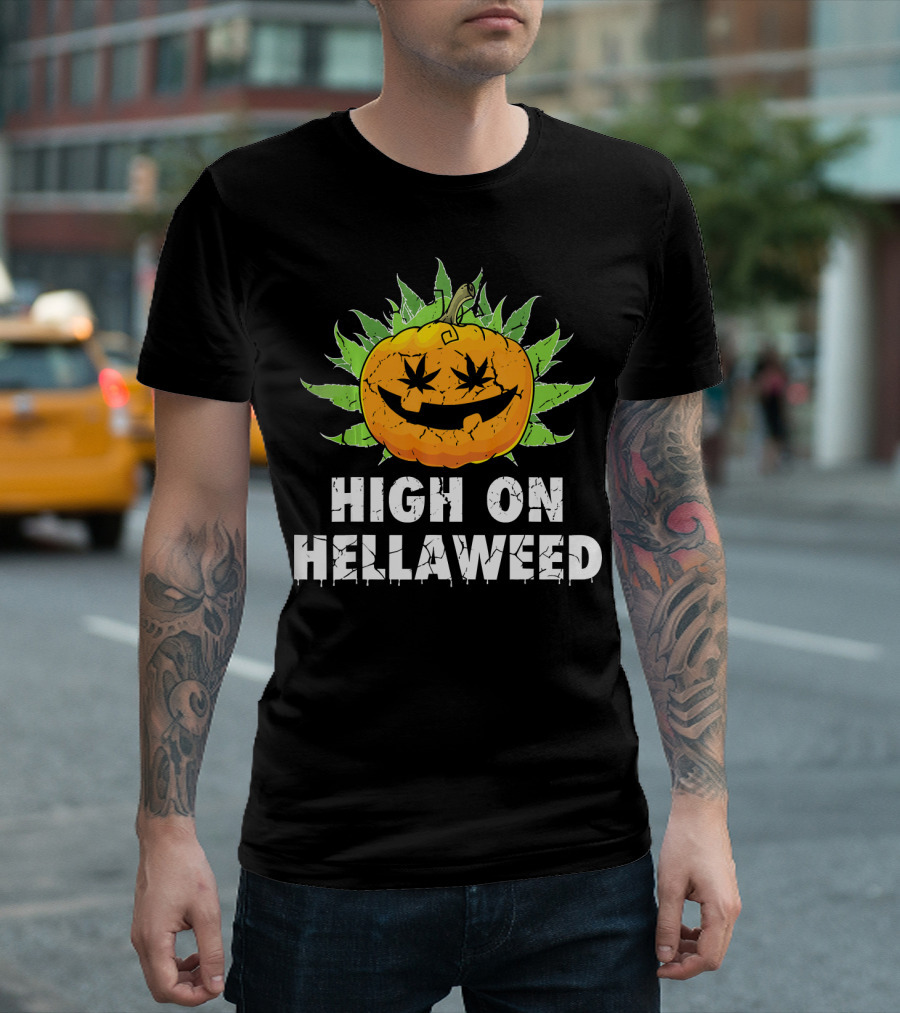 High On Hellaweed Halloween Weed Cannabis Pumpkin Face T-Shirt