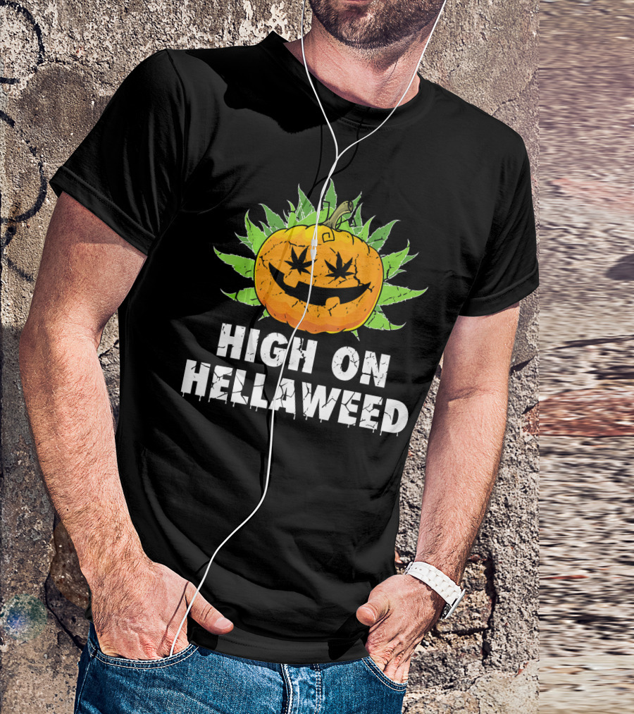High On Hellaweed Halloween Weed Cannabis Pumpkin Face T-Shirt