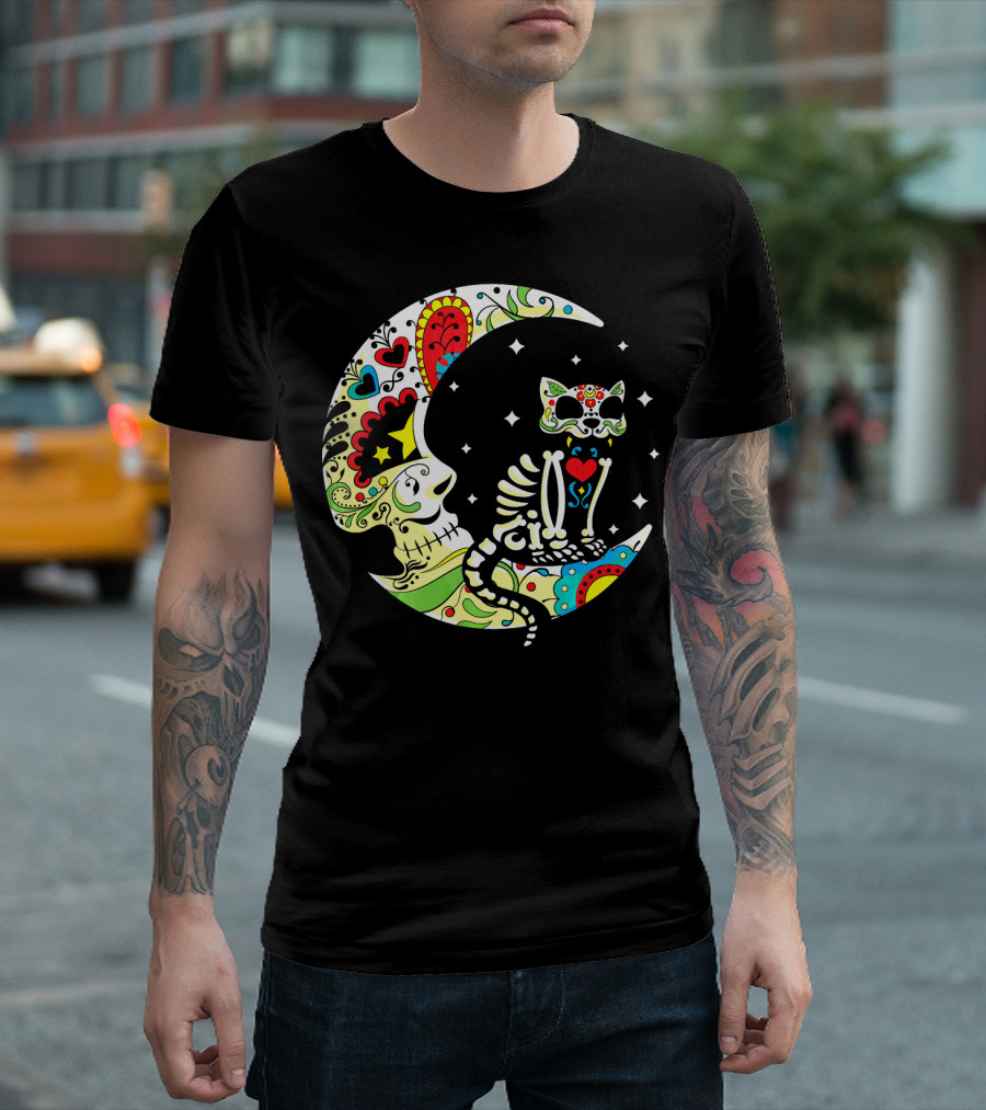 Dia de Los Muertos Halloween Sugar Skull Cat on Crescent Moon T-Shirt