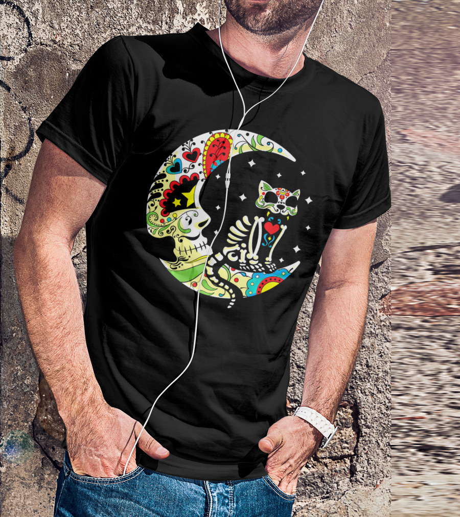 Dia De Los Muertos Halloween Sugar Skull Cat On Crescent Moon T-Shirt