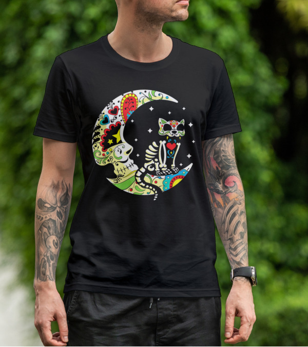 Dia De Los Muertos Halloween Sugar Skull Cat On Crescent Moon T-Shirt