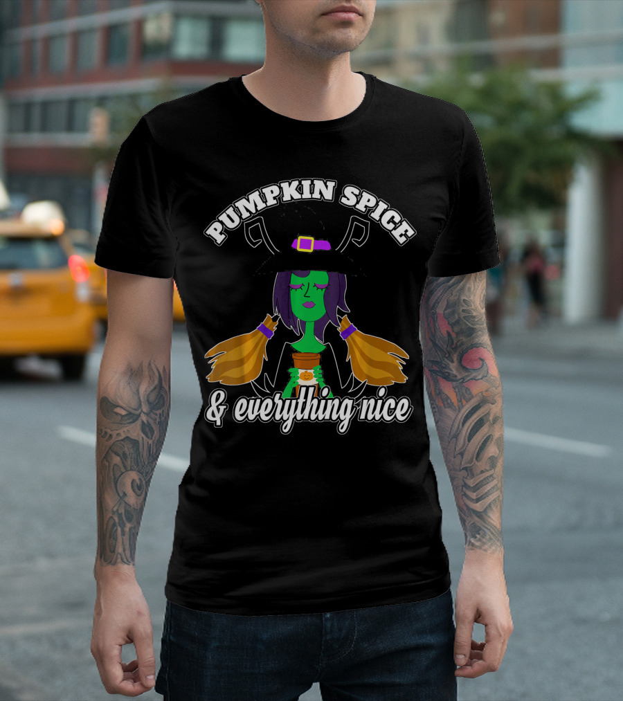 Pumpkin Spice and Everything Nice Witch Green Face Hat Brooms T-Shirt