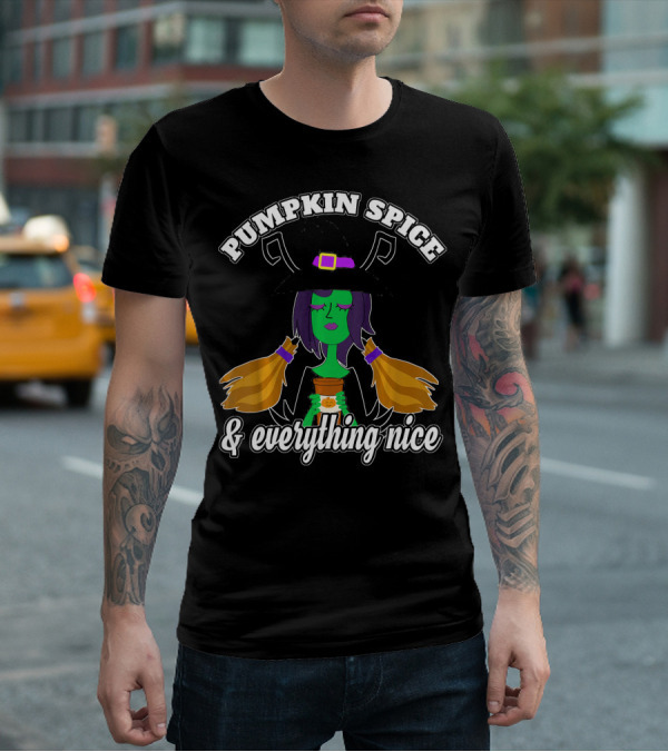 Pumpkin Spice And Everything Nice Witch Green Face Hat Brooms T-Shirt