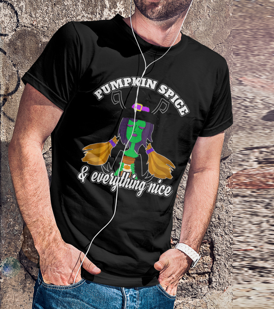 Pumpkin Spice And Everything Nice Witch Green Face Hat Brooms T-Shirt