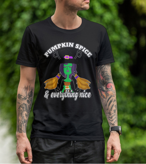 Pumpkin Spice And Everything Nice Witch Green Face Hat Brooms T-Shirt