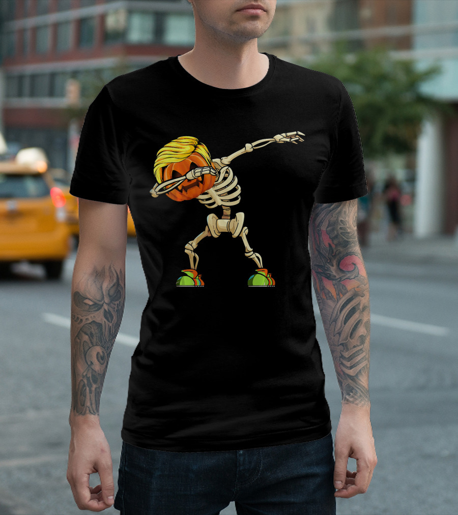 Funny Halloween Dabbing Skeleton Pumpkin With Golden Hair And Colorful Sneakers T-Shirt