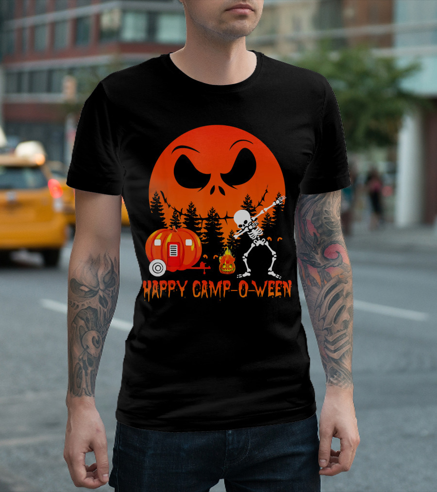 Happy Camp-O-Ween Skeleton Dab Pumpkin Camper Spooky Forest Scene T-Shirt