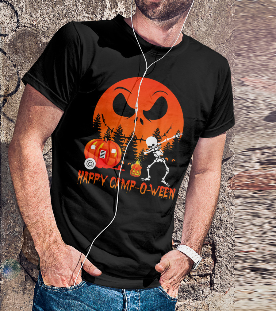 Happy Camp-O-Ween Skeleton Dab Pumpkin Camper Spooky Forest Scene T-Shirt