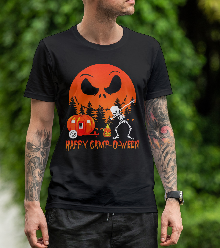 Happy Camp-O-Ween Skeleton Dab Pumpkin Camper Spooky Forest Scene T-Shirt