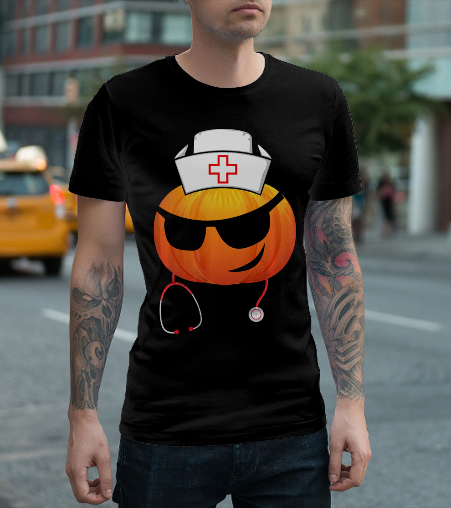 Smiling Pumpkin Nurse Emoji With Stethoscope Halloween T-Shirt