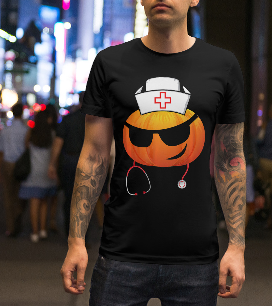Smiling Pumpkin Nurse Emoji With Stethoscope Halloween T-Shirt