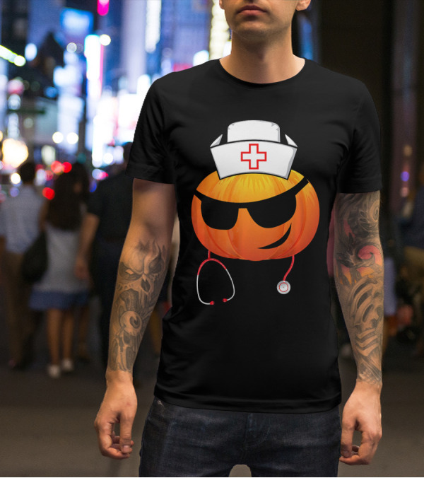 Smiling Pumpkin Nurse Emoji With Stethoscope Halloween T-Shirt