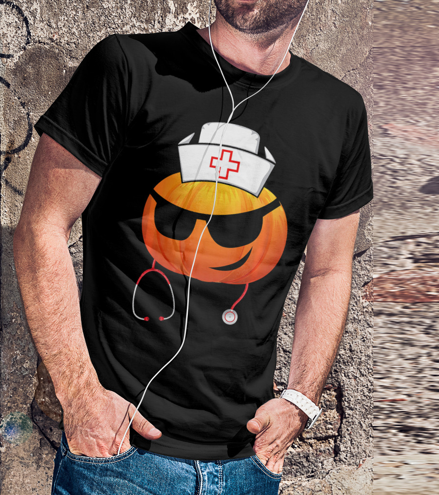 Smiling Pumpkin Nurse Emoji With Stethoscope Halloween T-Shirt