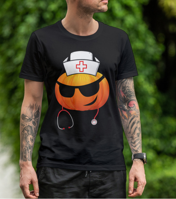 Smiling Pumpkin Nurse Emoji With Stethoscope Halloween T-Shirt
