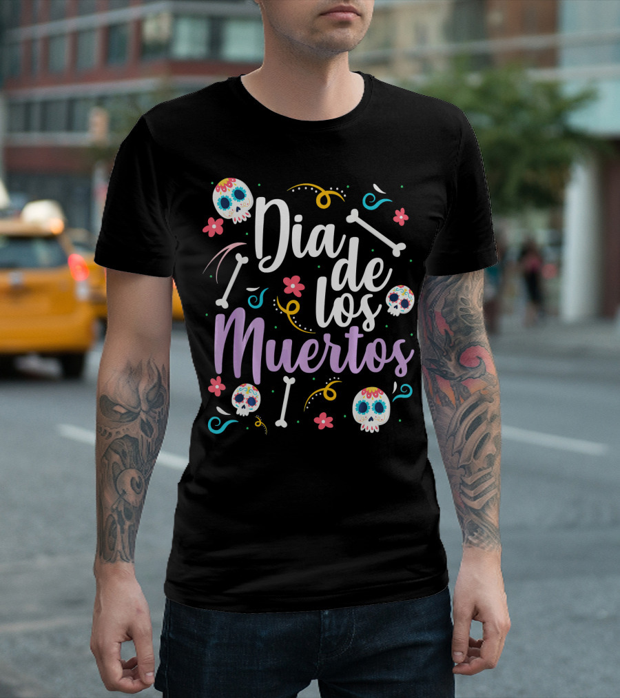 Dia De Los Muertos Colorful Sugar Skulls and Bones T-Shirt