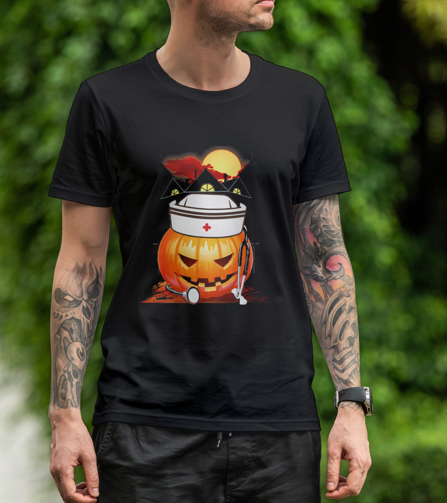 Nurse Pumpkin Halloween With Stethoscope And Haunted House T-Shirt