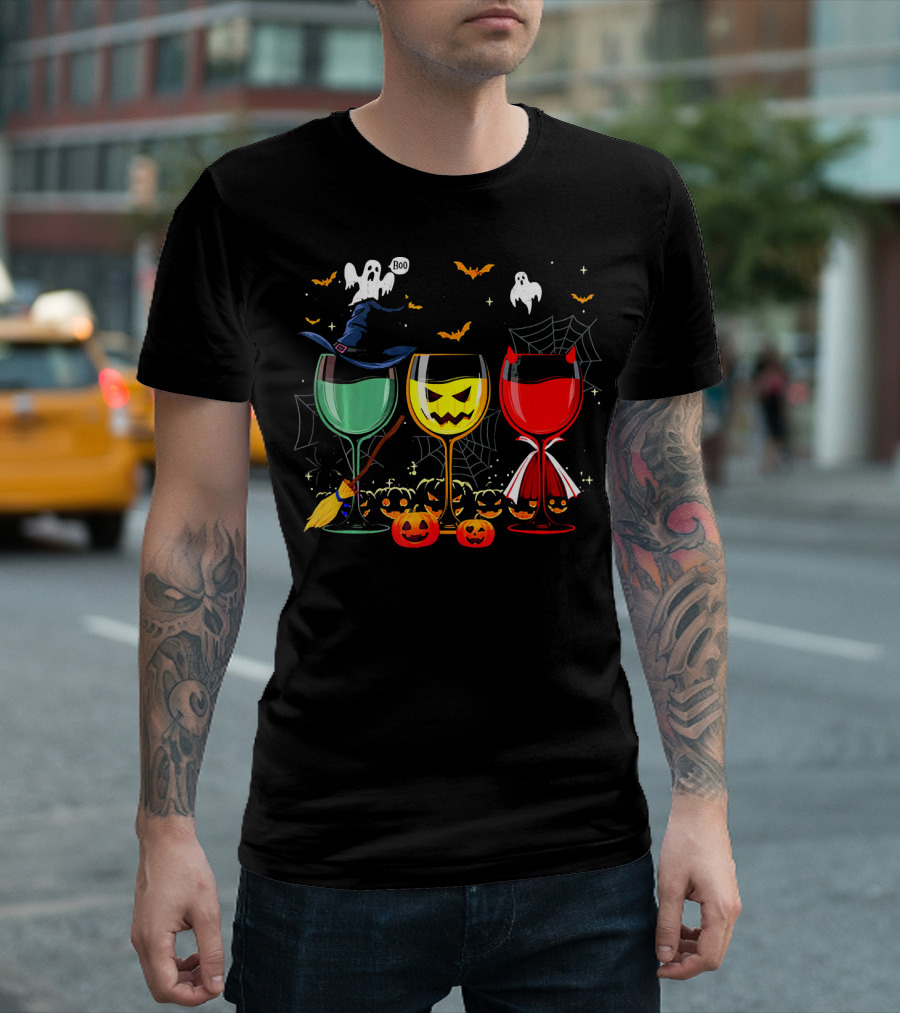 Halloween Witches Pumpkin Ghost Devil Wine Glasses T-Shirt