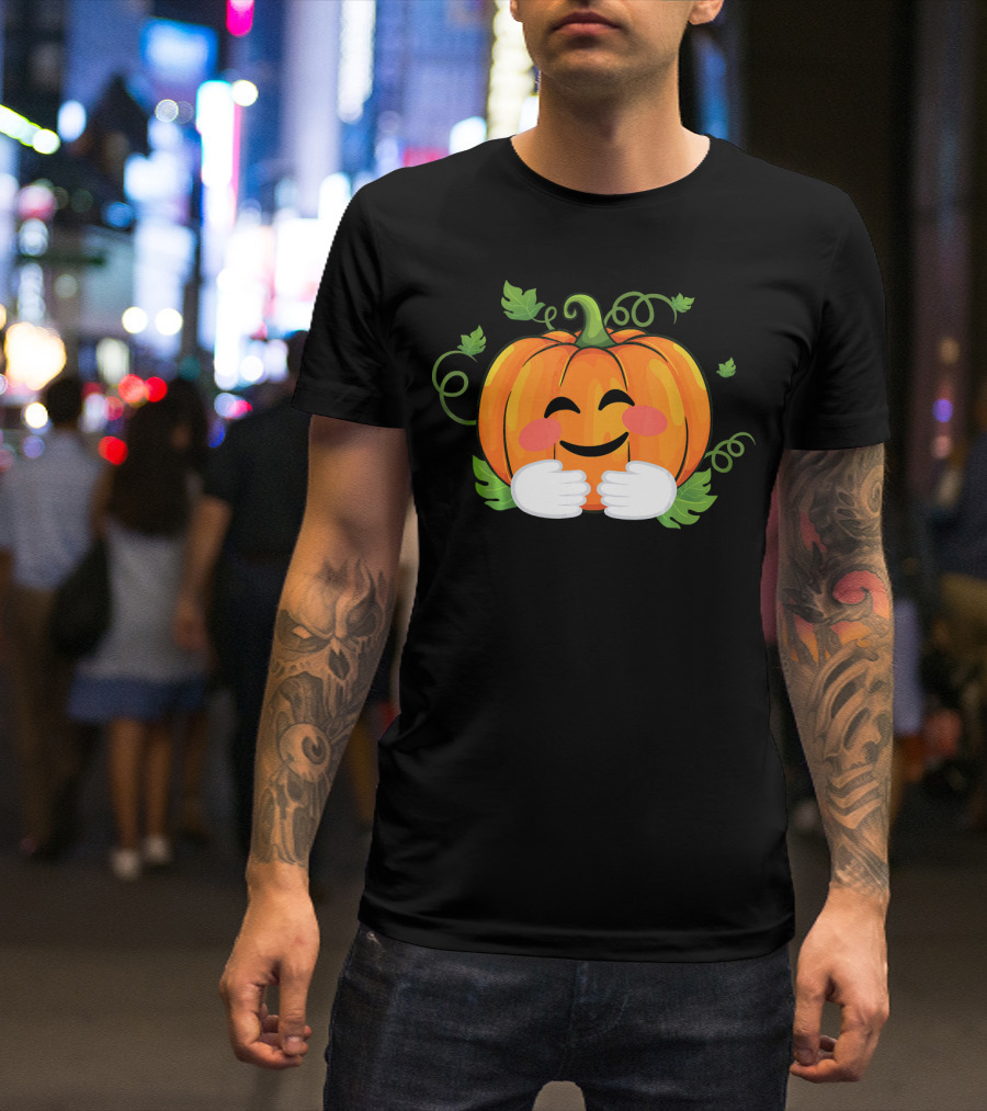 Pumpkin Emoji Big Hugs Smiling Face With Leaves And Vines T-Shirt