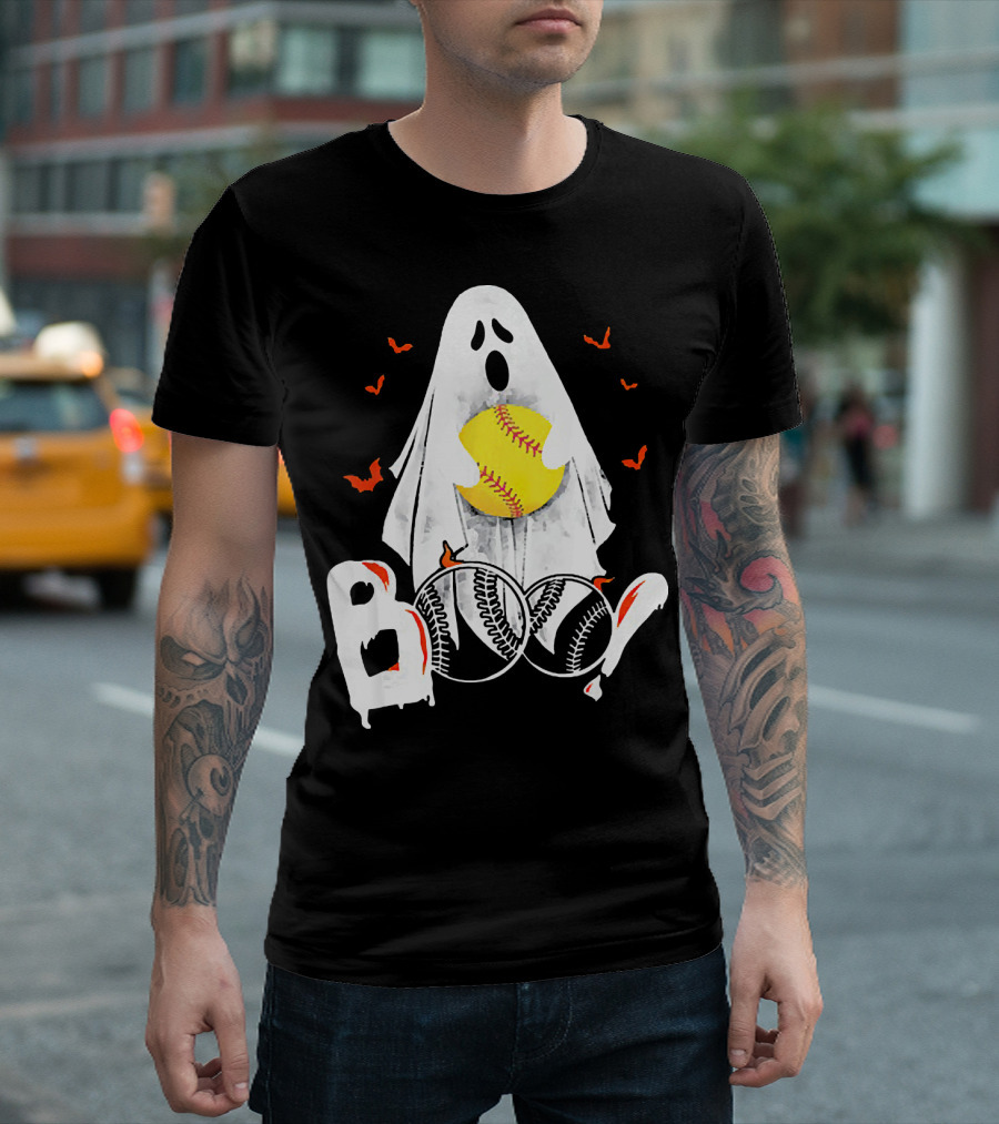 Ghostly Boo Softball with Yellow Softball and Bats T-Shirt
