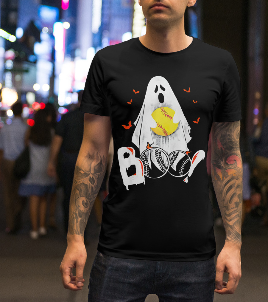 Ghostly Boo Softball With Yellow Softball And Bats T-Shirt