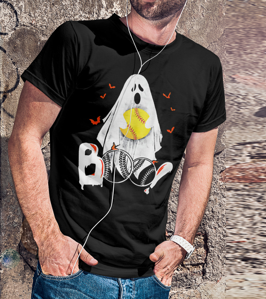Ghostly Boo Softball With Yellow Softball And Bats T-Shirt