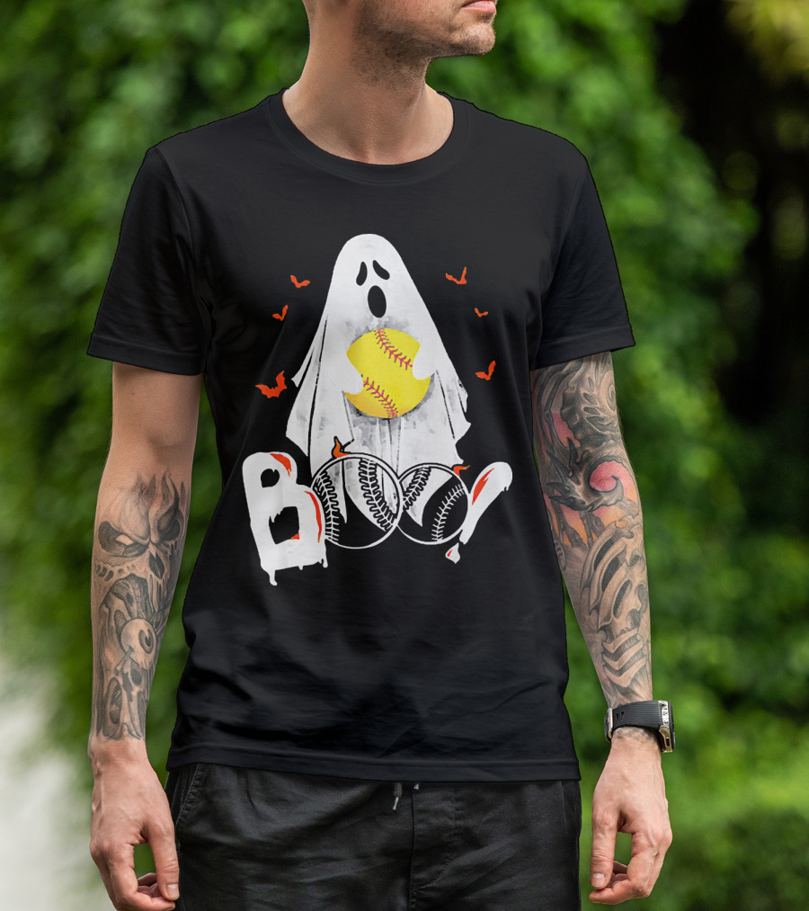 Ghostly Boo Softball With Yellow Softball And Bats T-Shirt