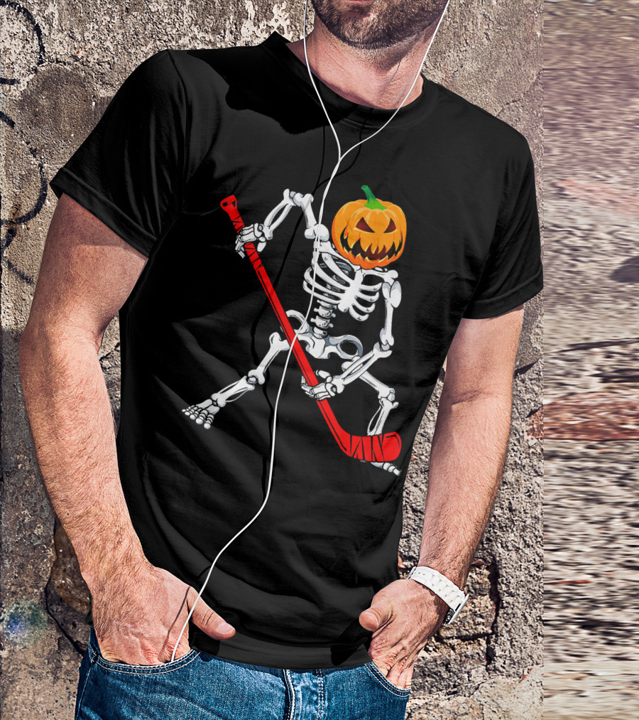 Halloween Skeleton With Pumpkin Head Playing Hockey T-Shirt