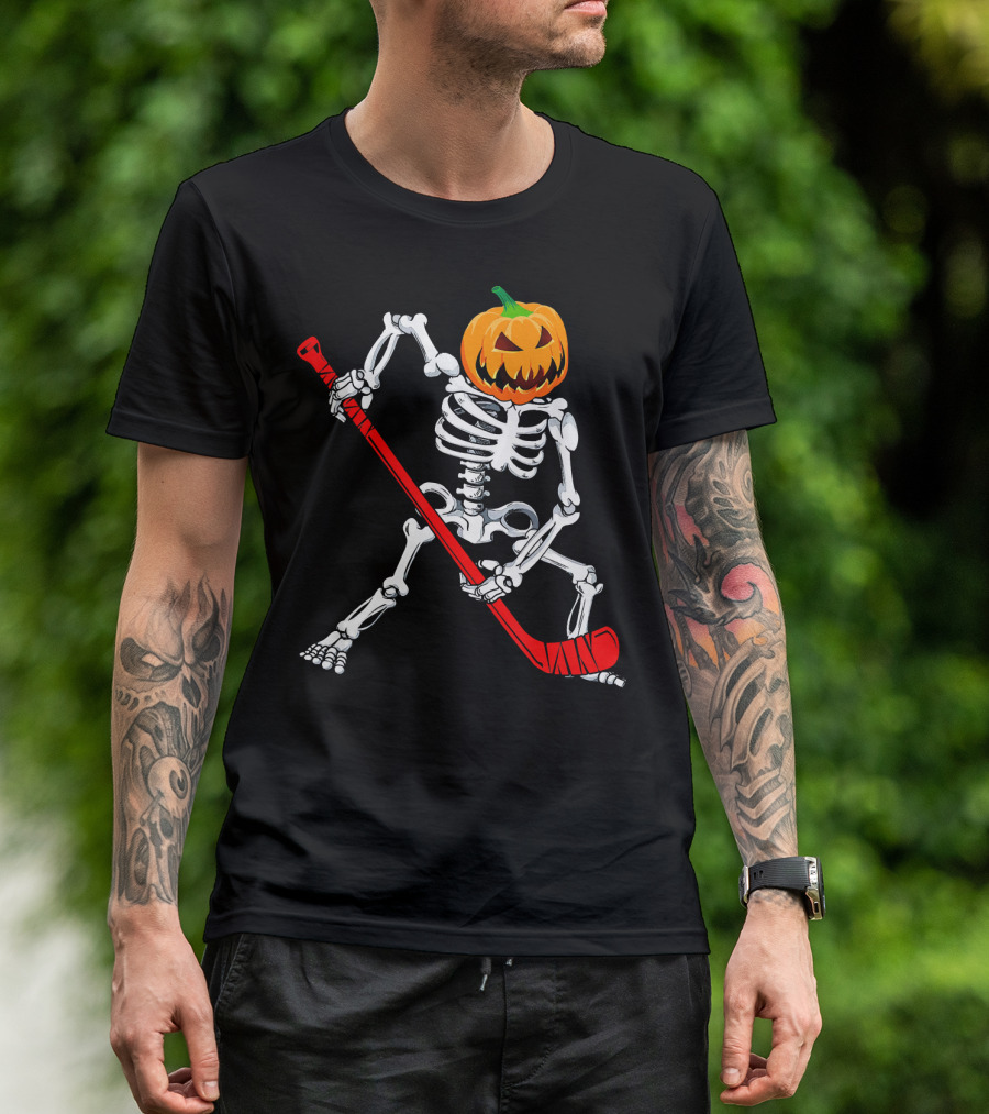 Halloween Skeleton With Pumpkin Head Playing Hockey T-Shirt