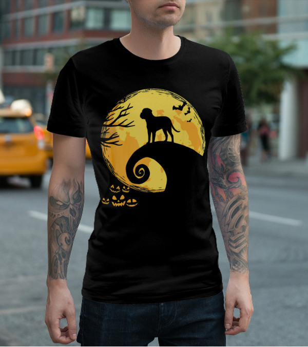 Bullmastiff Silhouette Moonlit Halloween Scene With Pumpkins And Bats T-Shirt