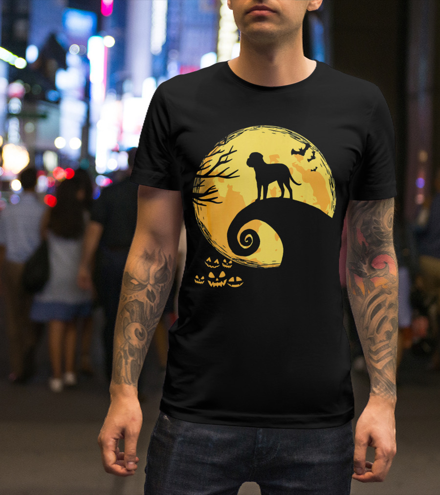 Bullmastiff Silhouette Moonlit Halloween Scene With Pumpkins And Bats T-Shirt